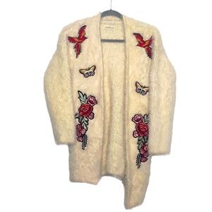 Kloth & Clover Women's Cream Open Cardigan Floral Patches Textured size Small